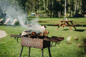 a bbq grill with smoke on it in a park at Dubinga River Valley House & SPA - FREE sauna in Kabakelis