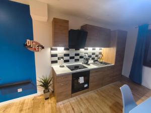 a kitchen with a sink and a counter top at Loft Le Pop Art-Balneo-Cinéma-Clim in Sainte-Livrade-sur-Lot