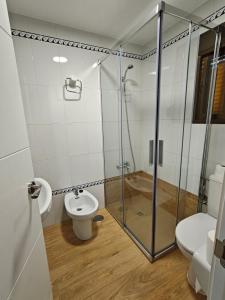 ein Badezimmer mit Toilette und Glasdusche in der Unterkunft Alojamiento la Casa del Brigadier in Cerro Muriano