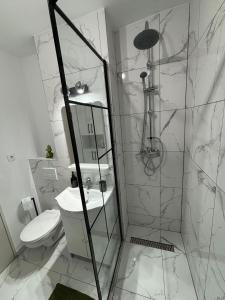a white bathroom with a shower and a toilet at RH Mures Stay in Târgu-Mureş
