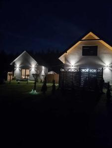 a house with lights on the side of it at night at Bieszczadzka Dolina u Magdy in Żołobek