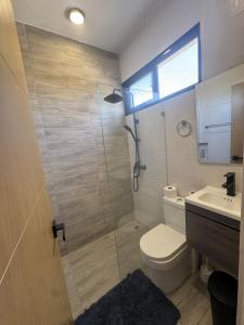 a bathroom with a shower and a toilet and a sink at New & Chic 3-Bedroom Penthouse, Punta Cana, Pool-BBQ-Beach Access-Private Rooftop-Padel y Sports amenities in Punta Cana
