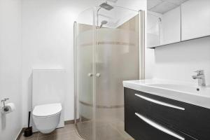 ein Badezimmer mit Dusche, Toilette und Waschbecken in der Unterkunft BL1405 Blokhus - Sletten 12 in Blokhus + 36 Fotos
