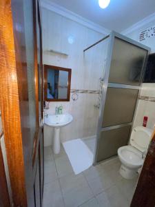 ein Badezimmer mit Dusche, Toilette und Waschbecken in der Unterkunft Rhovee Arusha in Arusha + 14 Fotos