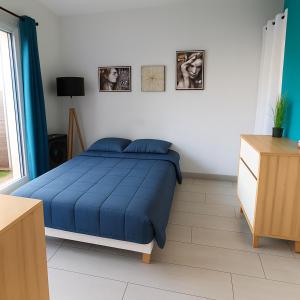 une chambre avec une couette bleue sur un lit dans l'établissement Appartement tout équipé avec terrasse à 600m du centre thermal, à Lamalou-les-Bains