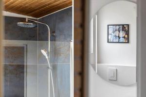 a bathroom with a shower and a mirror at BL1275-Blokhus-Pirupshvarrevej-17 in Blokhus +21 photos