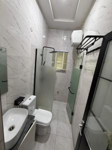 a bathroom with a toilet and a sink and a shower at Muzah Homes Phc in Port Harcourt