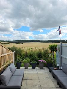 The Pod Quiet Sun Patio Fab Steam &Countryside Views في ويبورن: فناء مع أريكة وبعض النباتات وحقل