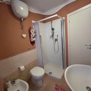 a bathroom with a shower and a toilet and a sink at La casetta in Serracapriola