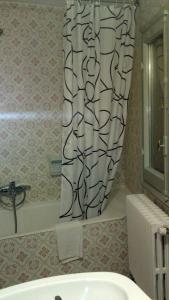 Baño con cortina de ducha junto a un lavabo en Hotel Peralba en Aixovall