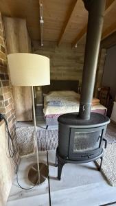 a living room with a stove in a room with a bed at Comfort Family UZH in Uzhhorod