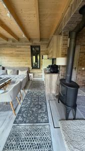 a living room with a fireplace and a stove at Comfort Family UZH in Uzhhorod