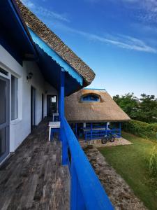 a house with a thatched roof and a blue fence at Pensiunea Stuf-Est in Sfântu Gheorghe +9 photos