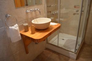 a bathroom with a sink and a shower at La Araucaria in Villa La Angostura