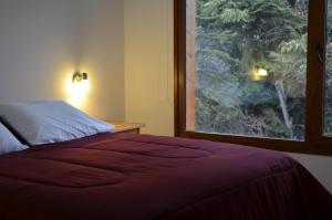 1 dormitorio con 1 cama y ventana grande en La Araucaria en Villa La Angostura