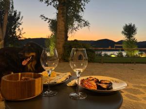 a dog sitting at a table with wine glasses and food at Podere Le Marene in Scoppieto