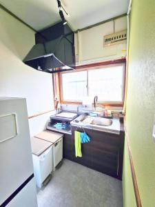 een kleine keuken met een spoelbak en een fornuis bij Osaka Riverside Inn in Neyagawa +26 foto's