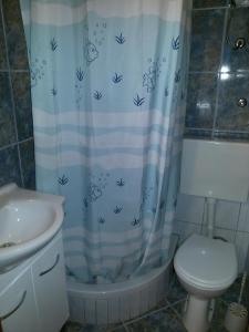 a bathroom with a toilet and a shower curtain at Olive Garden Apartments in Poljica