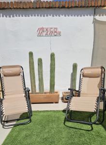 two chairs sitting in front of a wall with cactus at Jacuzzi con vista increíble in Chihuahua