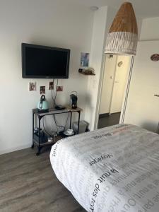a bedroom with a bed and a flat screen tv at La Villa Préfaillaise in Préfailles
