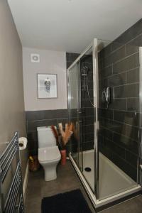 a bathroom with a toilet and a glass shower at Sandpiper Apartment in Benllech