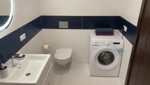 a bathroom with a washing machine and a sink at ObolonSky apartament on Obolon in Kyiv