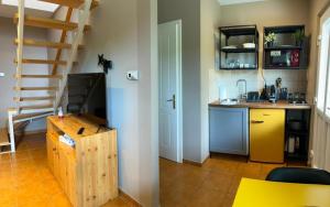 a kitchen with a counter and a staircase in a room at Heera Apartman in Hajdúszoboszló