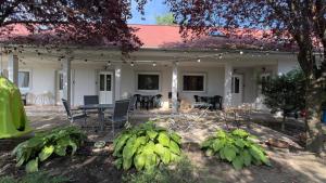 a house with a patio with a table and chairs at Heera Apartman in Hajdúszoboszló