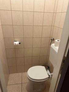 a small bathroom with a toilet and a roll of toilet paper at Heera Apartman in Hajdúszoboszló +6 photos