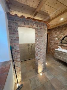 ein Badezimmer mit einer Dusche in einer Ziegelwand in der Unterkunft Ferienhaus Swinemünde mit Sauna und Whirlpool exkl buchbar in Tönning