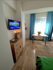 a living room with a television and a table in it at Palas Center Loft in Iaşi