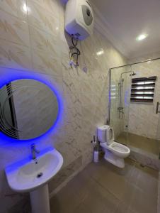 a bathroom with a sink and a mirror and a toilet at Kaycee Apartments, Gym Swimming pool in Abuja +21 photos