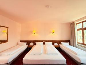two beds in a room with two windows at Hotel Merseburger Hof in Leipzig