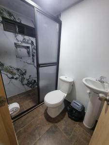 a bathroom with a toilet and a shower and a sink at apartamento acogedor, ambiente tranquilo, y muy central en segundo piso in Estación El Salto