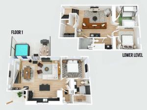 three views of a floor plan of a house at Dry Ridge Village - 3 Houses - Close to Ark- Hot Tubs in Dry Ridge