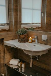 Stalina Alpine Chalet في ليفينو: حمام مزود بحوض ومِرآة