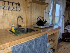 a kitchen counter with a sink and a tea kettle at Shepherd's hut De Skoeboet in Sint Maartensbrug