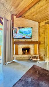 a living room with a fireplace and a tv at Chalé Monte Rei in Monte Verde
