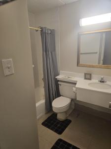 a bathroom with a toilet and a sink and a mirror at Noble Suites in Albany