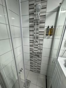 um banheiro com chuveiro e pia em Stone Bridge Studio em Skopje