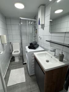 um banheiro branco com um vaso sanitário e uma pia em Stone Bridge Studio em Skopje mais 13 fotografias