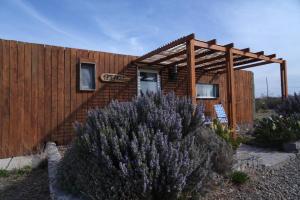 ein Haus mit einem Holzzaun und lila Blumen in der Unterkunft Chacra La Elena - Casa container a 15km de Madryn in Puerto Madryn