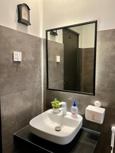 a bathroom with a white sink and a mirror at Lyallpur Home Stay in Faisalabad