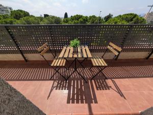 a picnic table with a potted plant sitting on it at El Barco Aparta Hotel in Hospitalet de Llobregat
