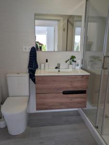 a bathroom with a toilet and a sink and a mirror at El Barco Aparta Hotel in Hospitalet de Llobregat