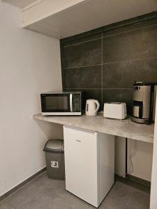 a kitchen with a counter with a microwave at 1-Zimmer Apartment in Oberopfingen +2 photos