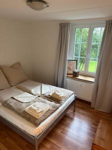 una cama en una habitación con ventana en Schweizerhaus Glarus - Historisch & Stilvoll mit Garten, en Ennenda