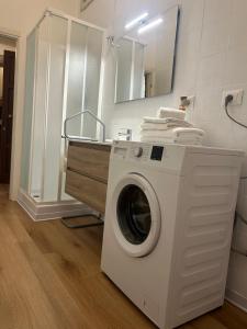 フェラーラにあるRipa Grande Apartmentのバスルーム(鏡付)の洗濯機