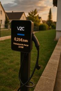 ein Stromzähler an einem Mast in einem Hof in der Unterkunft Gîte le petit wintz 4 personnes avec son jardin privatif - Parking avec borne de recharge pour véhicule électrique 22Kw - 2 vélos in Wintzenheim