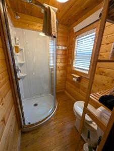 a bathroom with a shower and a toilet at Yellowstone's Treasure Cabins in Gardiner